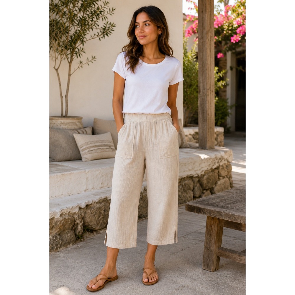 Denim & Co Beach Gauze Crop‎ Pants Women XS Beige Elastic Waist Cotton Relaxed